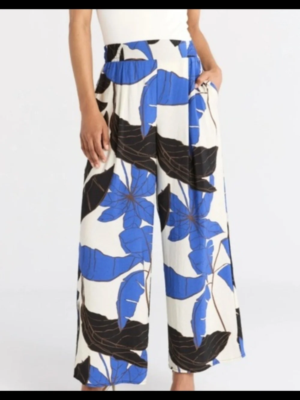 Sofia By Sofia Vergara Wide-Leg Floral Print Pants in Blue & Cream Tropical Pant - Picture 1 of 15